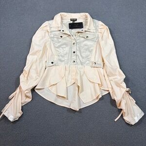Kaylee Kollection Jacket Womens L Taupe JK2577 Peplum Ruched Satin Mixed Media